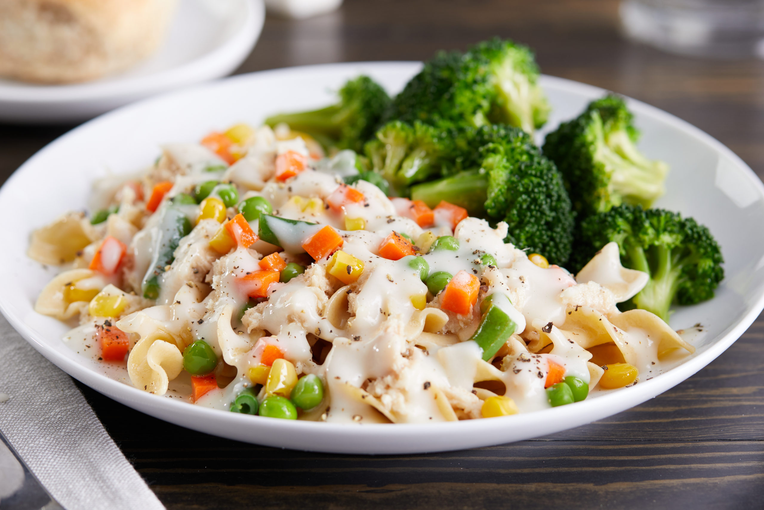 Tuna casserole meal with broccoli
